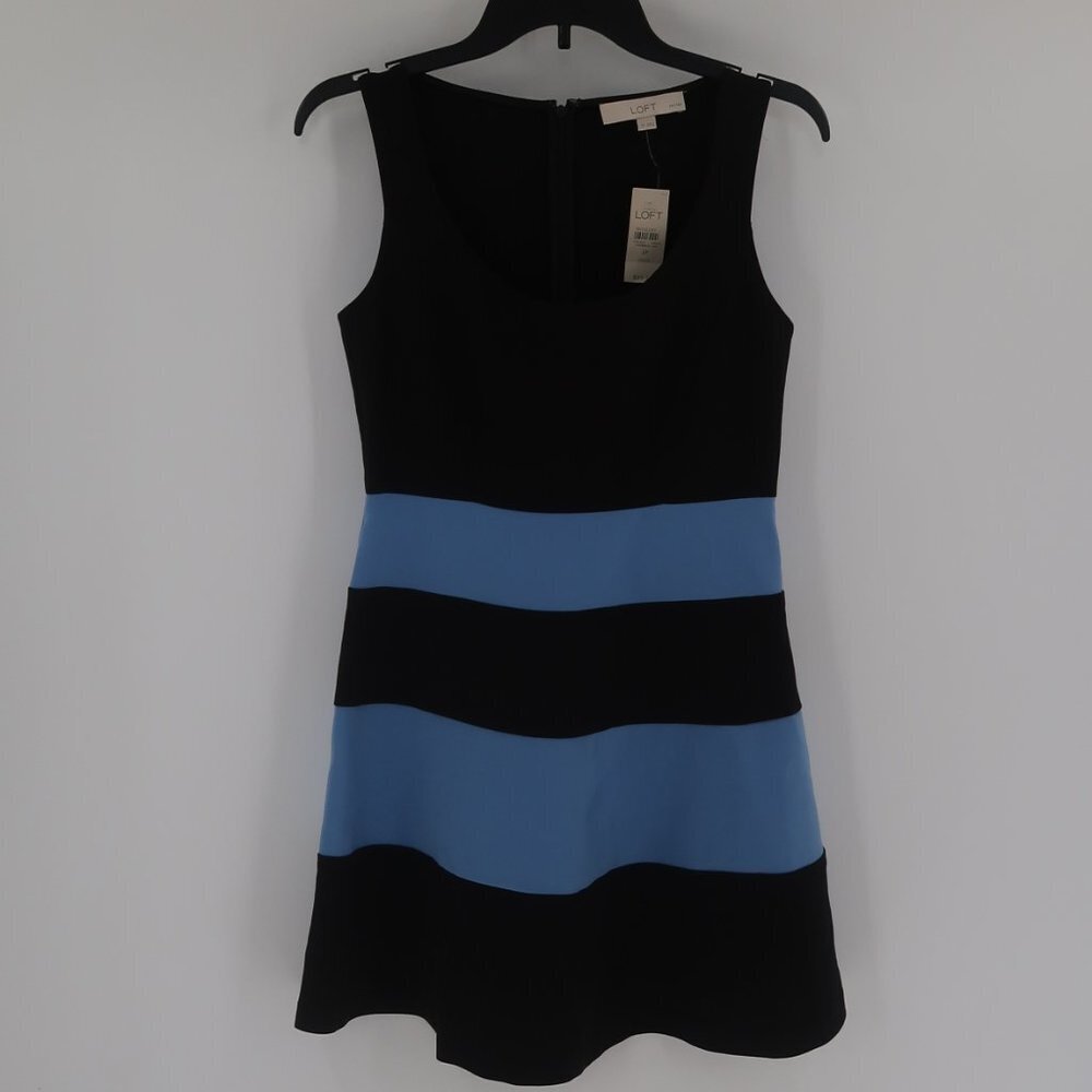 LOFT Women's Black Blue Fit Flare Style Color Block Dress Size 2P NWT